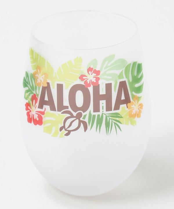 ALOHAロゴとハイビスカス、ホヌが描かれたハワイアンデザインのグラス