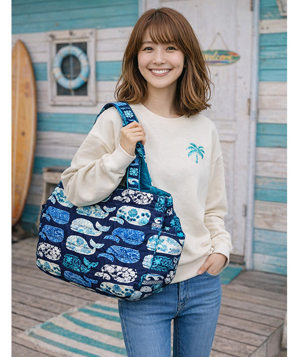 中綿キルティング ビッグトートバッグ 大容量56cm ハワイアン柄 巾着
