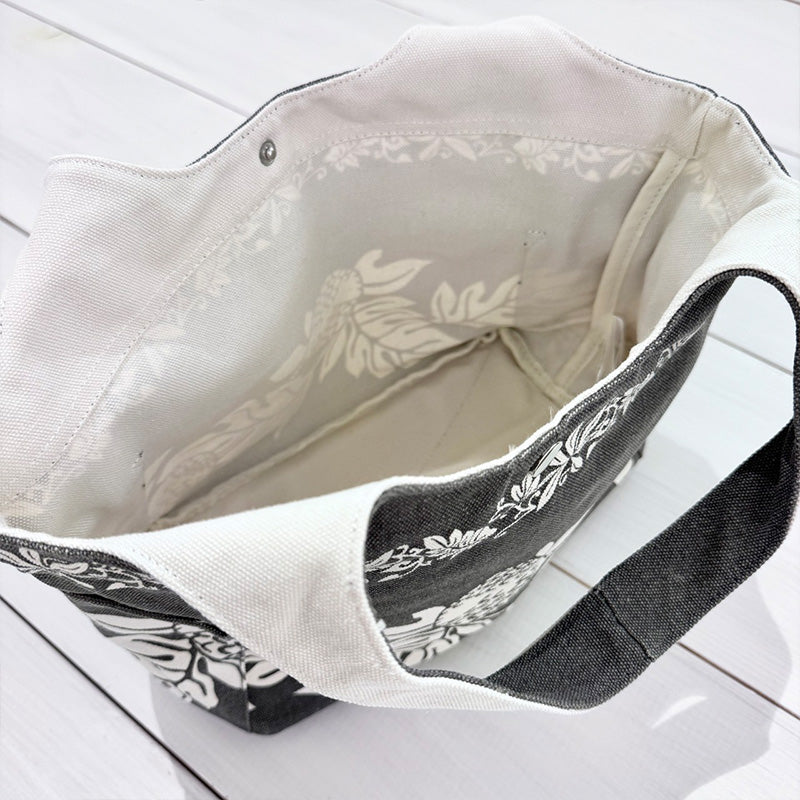 ハワイアン柄キャンバス地ミニトートバッグ サイドポケット・内ポケット付き