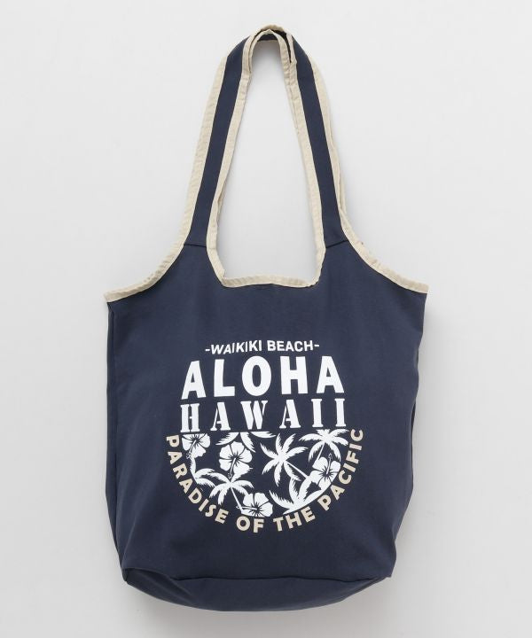 ALOHAプリントのハワイアン折りたたみトートバッグ ネイビー 綿天竺エコバッグ