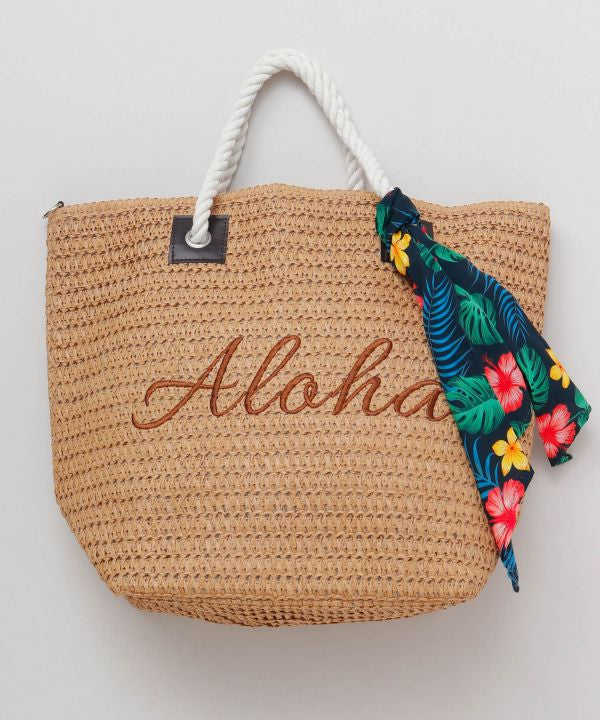 Aloha刺しゅう ペーパートートバッグ ナチュラル ロープハンドル ハワイアン柄スカーフ付き