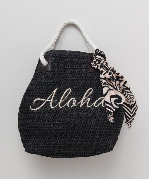 Aloha刺しゅう ペーパートートバッグ ブラック ロープハンドル ハワイアン柄スカーフ付き