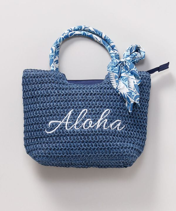 ハワイアン スカーフ付き かご風ミニトートバッグ ALOHA刺繍 軽量 NAVY