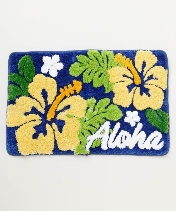 ◆オーダー用◆ダイカット 南国 Aloha オオハシ ハイビスカス ALOHA ハイビスカス パイルマット｜ハワイアン 玄関マット ブルー