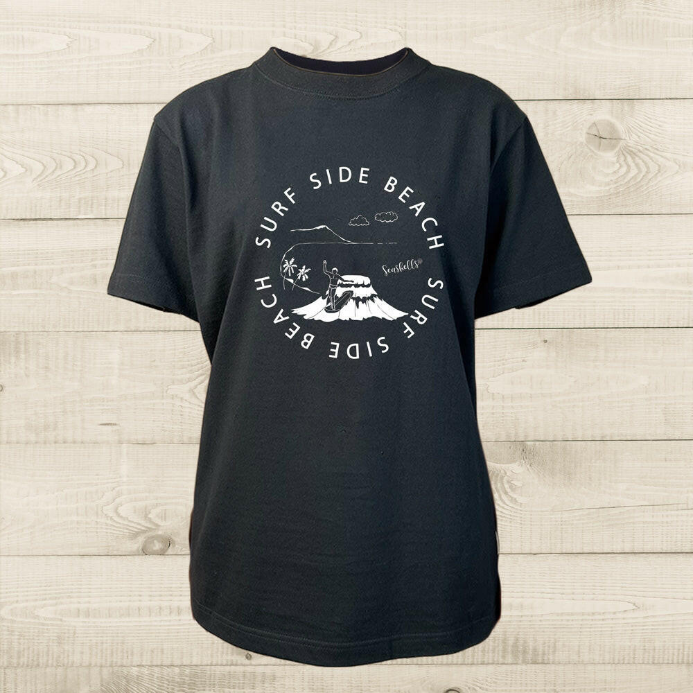 ハワイアンデザインTシャツ WAIKIKI SURF ASH ユニセックスサイズ BLACK.