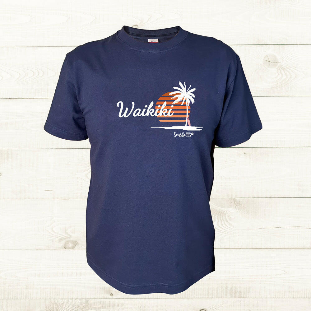 ハワイアンデザインTシャツ SUNSET PALM ユニセックスサイズ NAVY