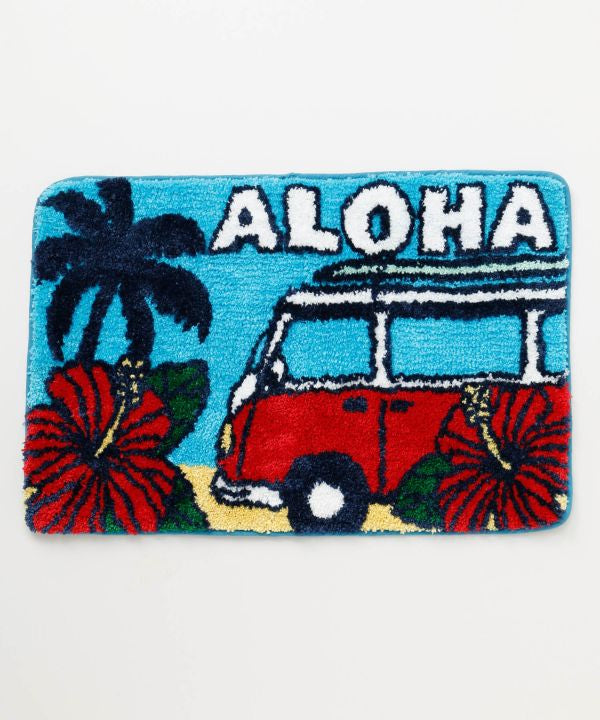 ブルーカラーのALOHAロゴとワーゲンバス風デザインのハワイアンパイルマット