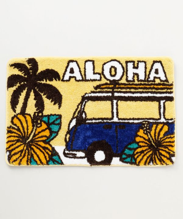 イエローカラーのALOHAロゴとワーゲンバス風デザインのハワイアンパイルマット