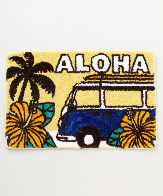 イエローカラーのALOHAロゴとワーゲンバス風デザインのハワイアンパイルマット