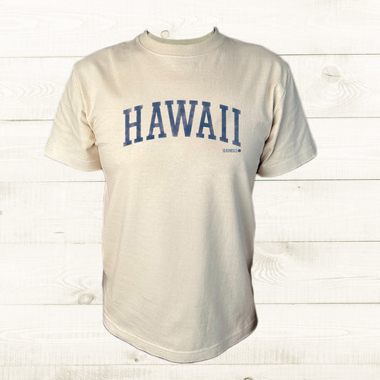 ハワイアンデザインTシャツ HAWAII COLLEGE NAVY　ユニセックスサイズ BE