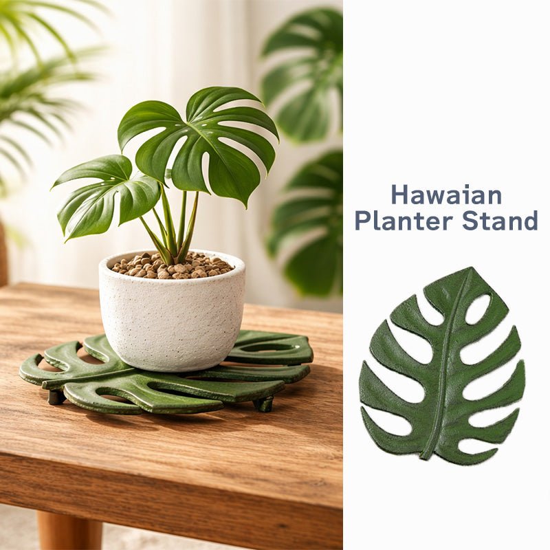 木製テーブルの上でモンステラ型のアイアンプランタースタンドに小さな観葉植物の鉢が置かれているナチュラルな南国風空間