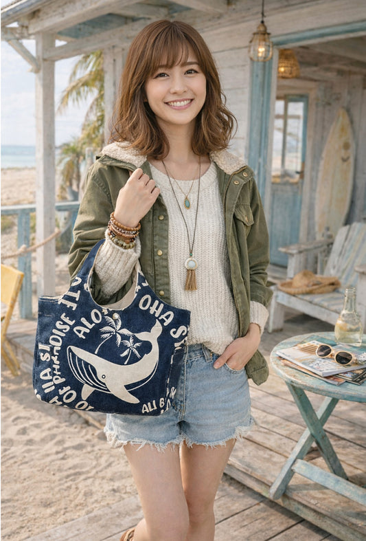 ハワイアン柄キャンバス地ミニトートバッグ サイドポケット・内ポケット付き