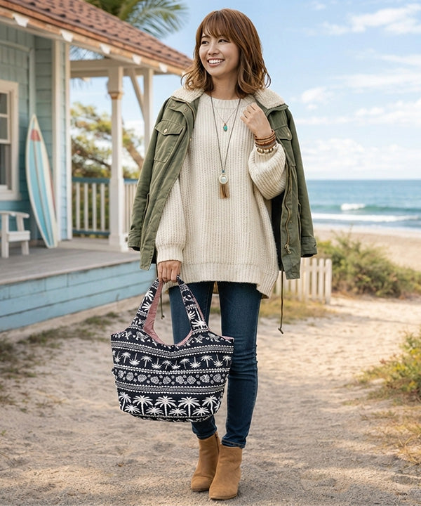 ハワイアン中綿プリントキルティングトートバッグ 内ポケット付き