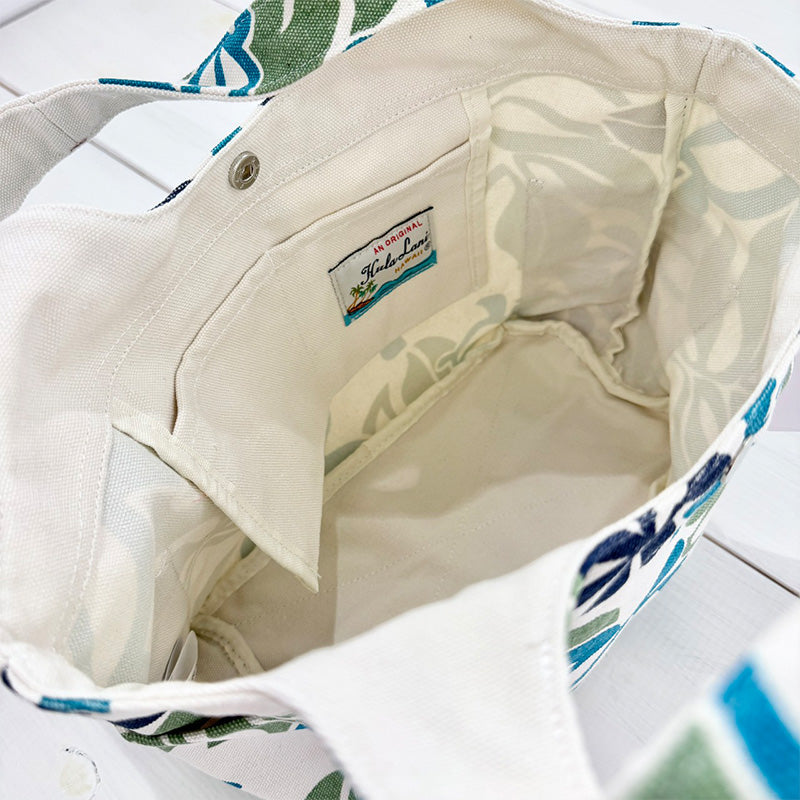 ハワイアン柄キャンバス地ミニトートバッグ サイドポケット・内ポケット付き