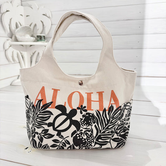 キャンバス ミニトートバッグ ハワイアン ホヌ柄 サイドポケット 内ポケット付き