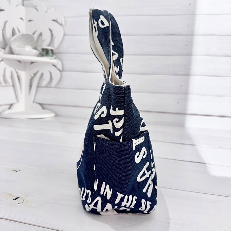 ハワイアン柄キャンバス地ミニトートバッグ サイドポケット・内ポケット付き