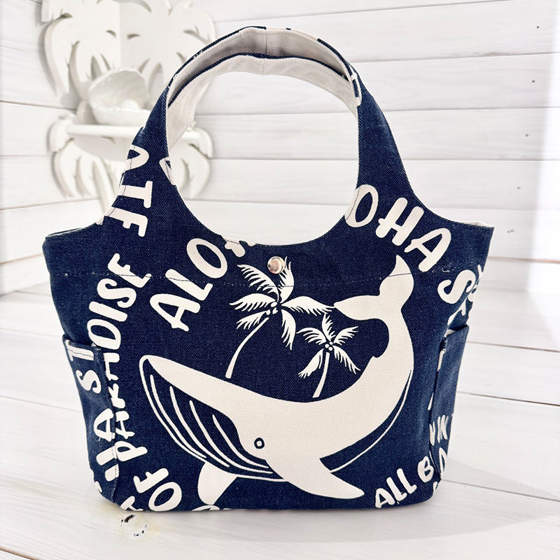 ハワイアン柄キャンバス地ミニトートバッグ サイドポケット・内ポケット付き