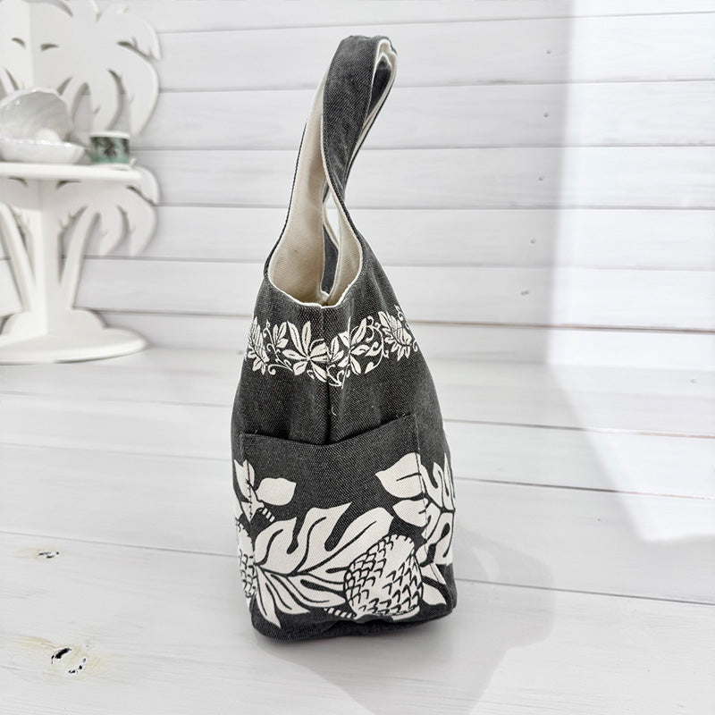 ハワイアン柄キャンバス地ミニトートバッグ サイドポケット・内ポケット付き