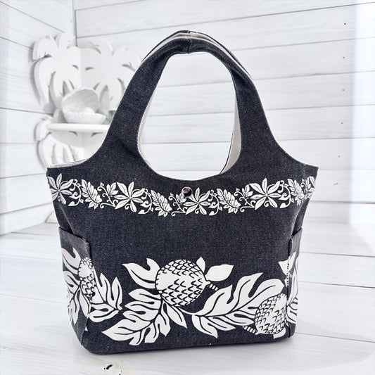 ハワイアン柄キャンバス地ミニトートバッグ サイドポケット・内ポケット付き