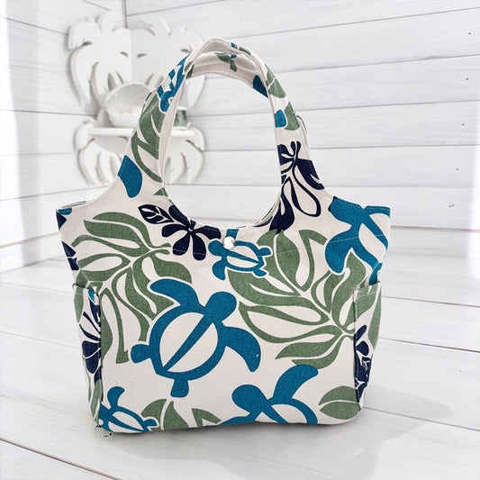 ハワイアン柄キャンバス地ミニトートバッグ サイドポケット・内ポケット付き