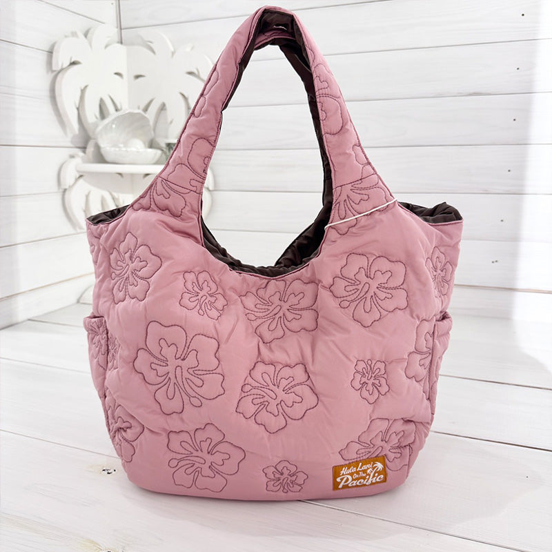 中綿キルティング刺繍トートバッグ サイドポケット・内ポケット付き