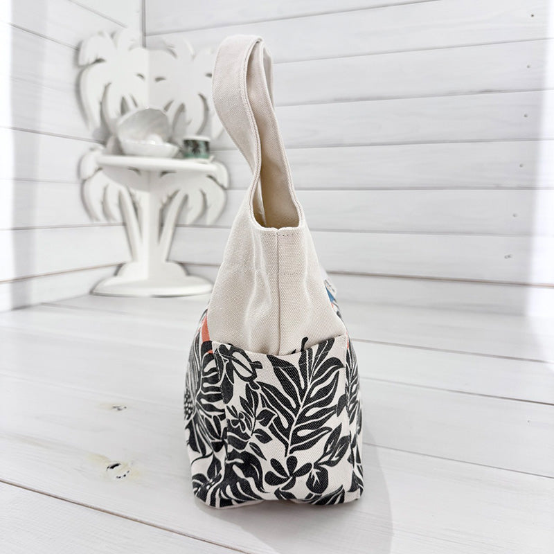 ハワイアン柄キャンバス地ミニトートバッグ サイドポケット・内ポケット付き