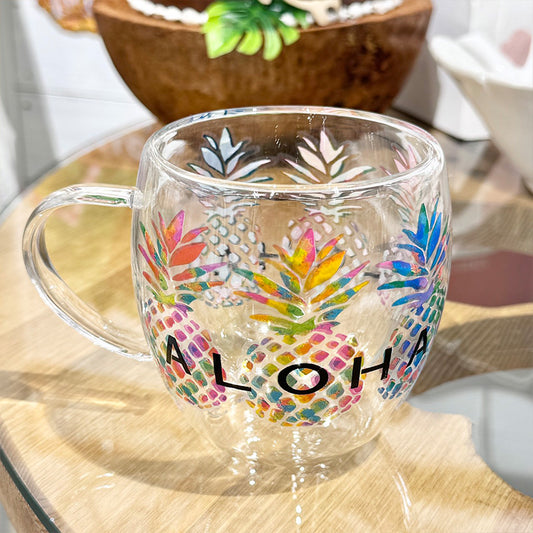 二重構造耐熱ガラスコップ ハワイアン柄 おしゃれ