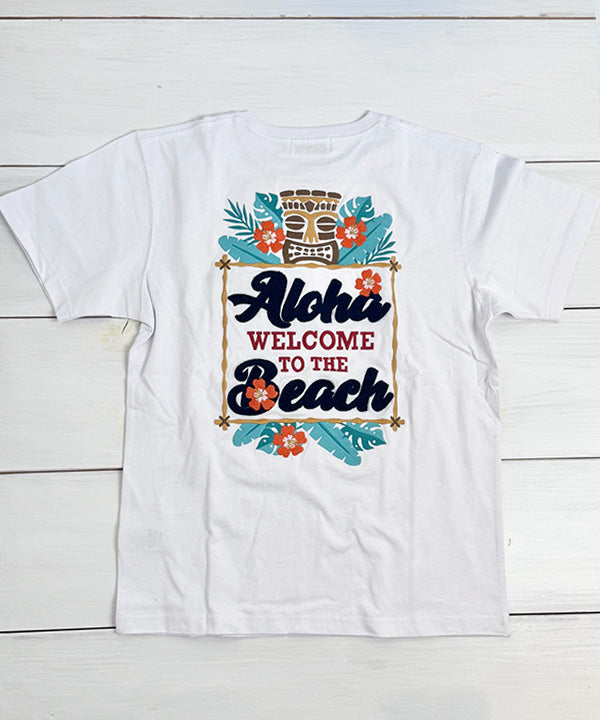 ハワイ アロハ Welcome to the Beach ティキ デザイン 半袖Tシャツ ホワイト ハワイアンTシャツ