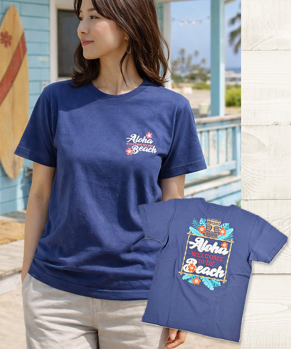 ハワイ アロハ Welcome to the Beach ティキ デザイン 半袖Tシャツ ホワイト ハワイアンTシャツ
