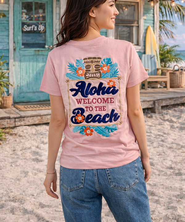 ハワイ アロハ Welcome to the Beach ティキ デザイン 半袖Tシャツ ホワイト ハワイアンTシャツ