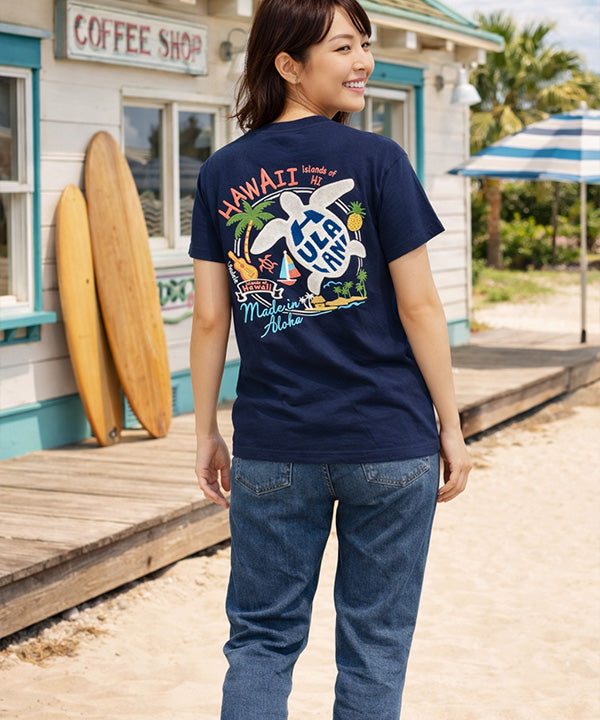 ハワイ ウミガメ ホヌ デザイン 半袖Tシャツ ホワイト フララニ ハワイアンTシャツ