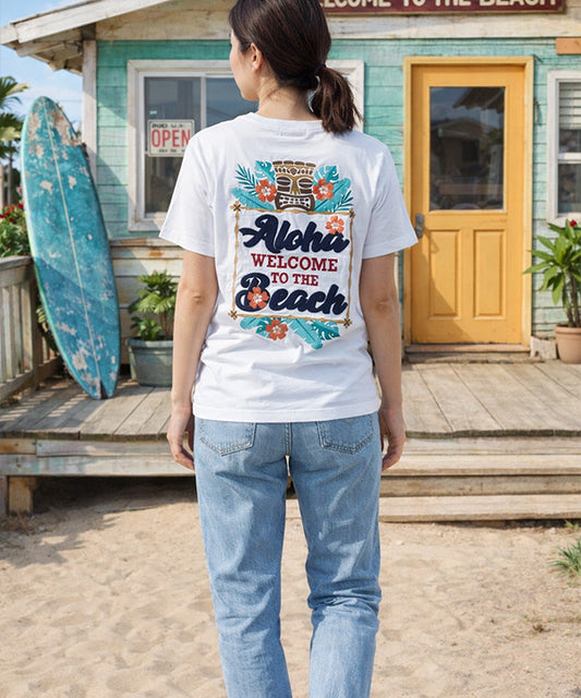ハワイ アロハ Welcome to the Beach ティキ デザイン 半袖Tシャツ ホワイト ハワイアンTシャツ