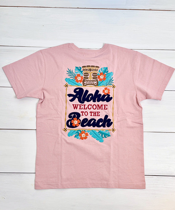 ハワイ アロハ Welcome to the Beach ティキ デザイン 半袖Tシャツ ホワイト ハワイアンTシャツ