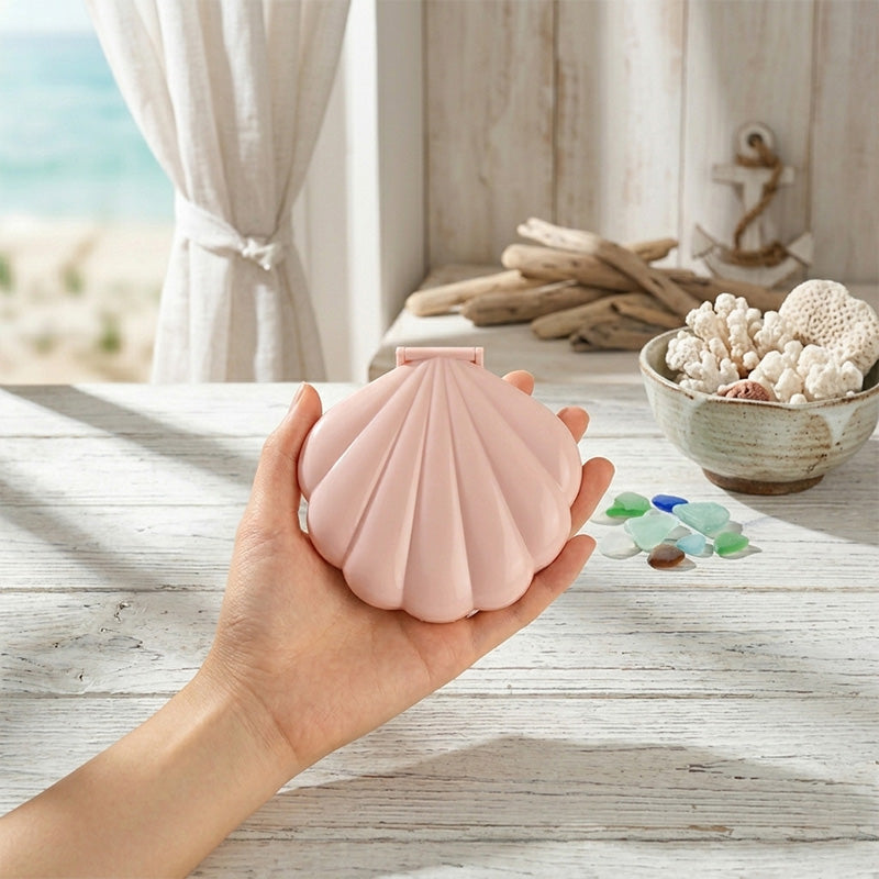 貝殻デザインのコンパクトミラー 折りたたみミラー 拡大鏡付き 携帯用 ハワイアンかわいい