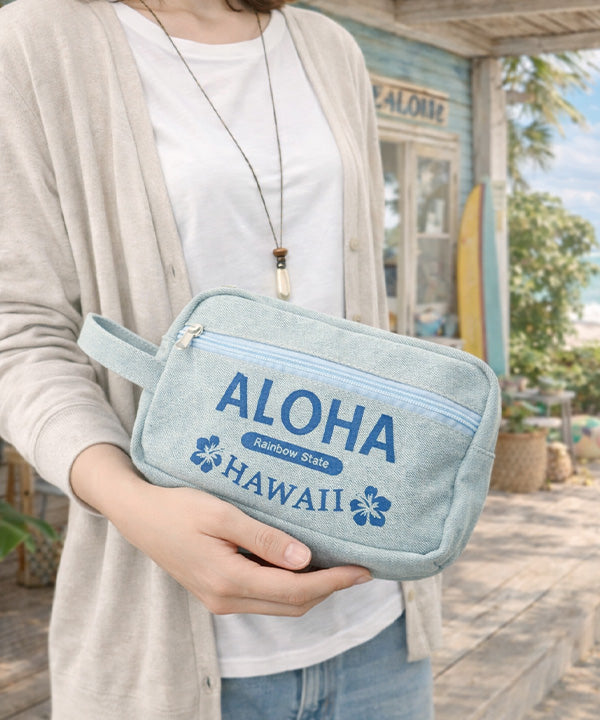 ALOHA HAWAII ロゴ入りデニムポーチ｜持ち手付き 小物収納