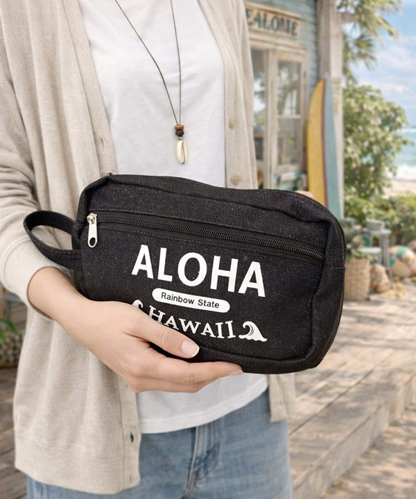 ALOHA HAWAII ロゴ入りデニムポーチ 持ち手付き 小物収納ポーチ 正面デザイン