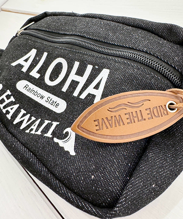 ALOHA HAWAII ロゴ入りデニムポーチ 持ち手付き 小物収納ポーチ 正面デザイン