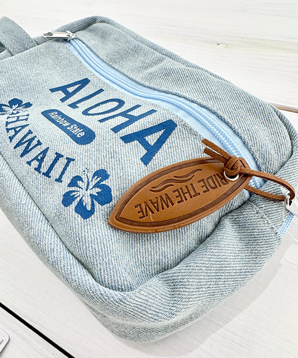 ALOHA HAWAII ロゴ入りデニムポーチ｜持ち手付き 小物収納