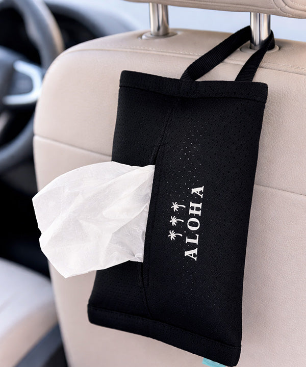 ALOHAロゴ入りハワイアン吊り下げティッシュケース 車内や壁掛けで使えるティッシュカバー