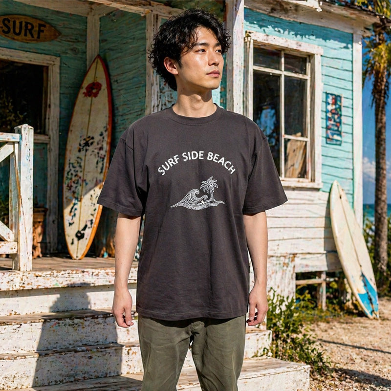 ハワイアンデザインTシャツ WAVE PALM  CHACOAL