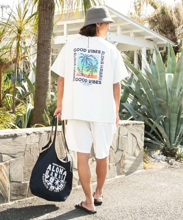 ALOHAプリントのハワイアン折りたたみトートバッグ ネイビー 綿天竺エコバッグ