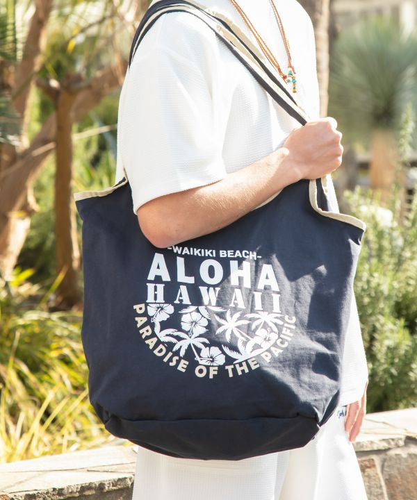 ALOHAプリントのハワイアン折りたたみトートバッグ ネイビー 綿天竺エコバッグ