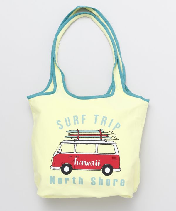 SURFプリントのハワイアン折りたたみトートバッグ 綿天竺エコバッグ