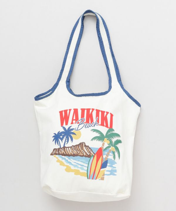 WAIKIKIプリントのハワイアン折りたたみトートバッグ ホワイト エコバッグ