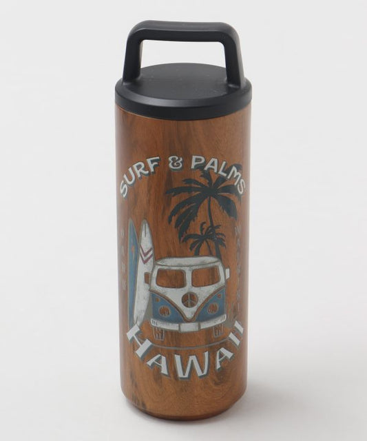 「ウッド調デザインのハワイアンサーフ柄ステンレスボトル」