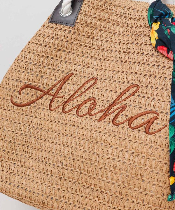 Aloha刺しゅう ペーパートートバッグ ナチュラル ロープハンドル ハワイアン柄スカーフ付き