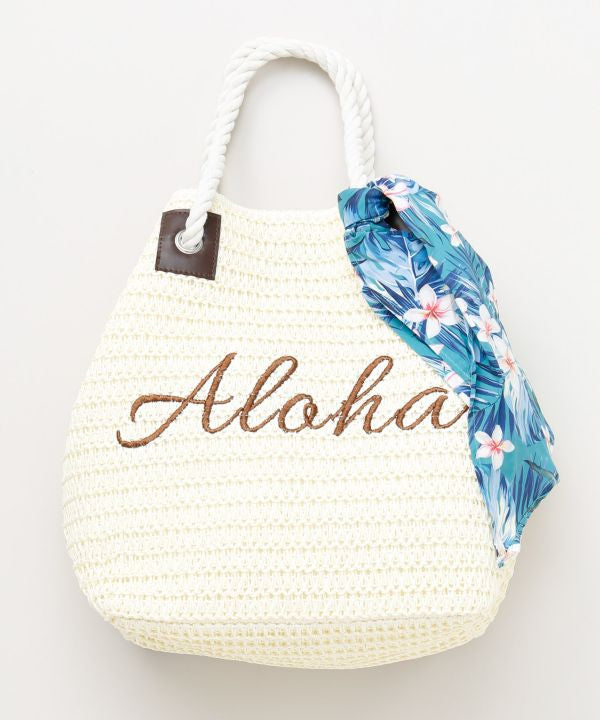 Aloha刺しゅう ペーパートートバッグ ホワイト ロープハンドル ハワイアン柄スカーフ付き