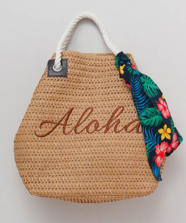 Aloha刺しゅう ペーパートートバッグ ナチュラル ロープハンドル ハワイアン柄スカーフ付き