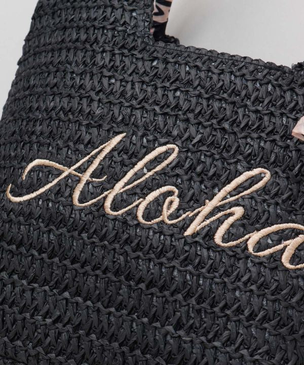 スカーフ付きハワイアン かご風ミニトートバッグ ブラック ALOHA刺繍入り