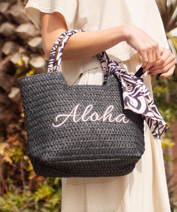 スカーフ付きハワイアン かご風ミニトートバッグ ブラック ALOHA刺繍入り